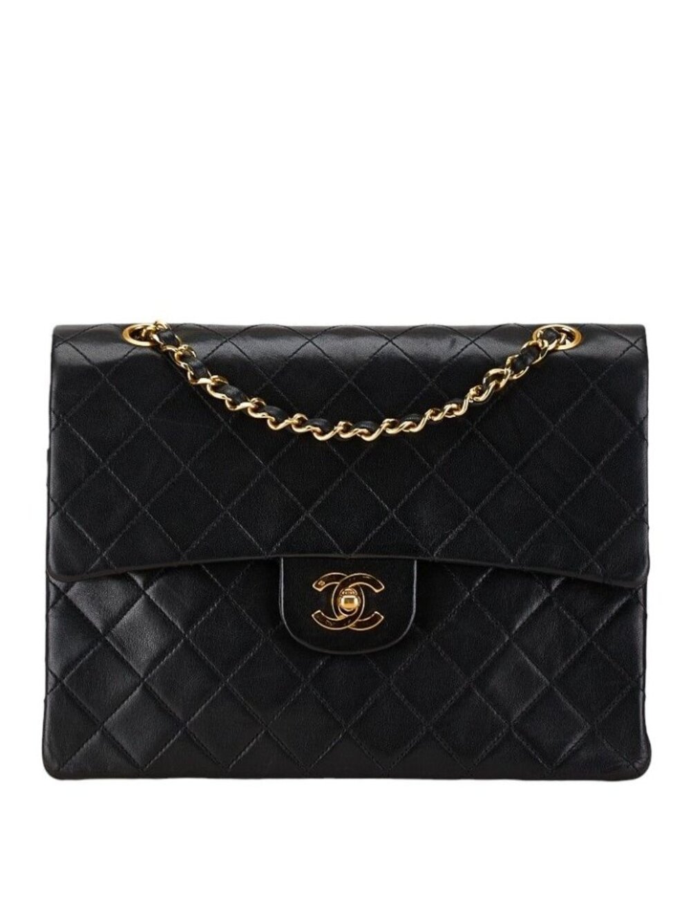 Chanel Quilted 25 CC Logo Double Flap Chain Shoulder Bag Black Lambskin